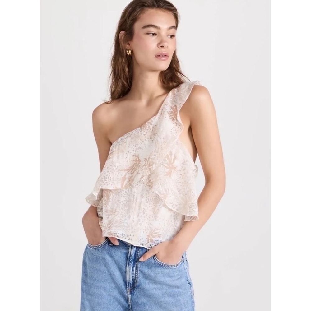 NWT Ramy Brook Maureen One Shoulder Ruffle Top Ivory Tan Floral XS $275